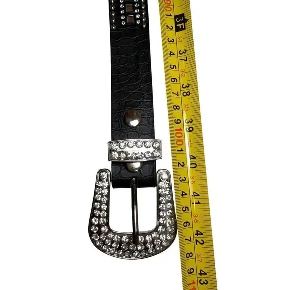 Western Rhinestone Crystal Belt Black Genuine Leather Croc Embossed Studded SM - Picture 12 of 15